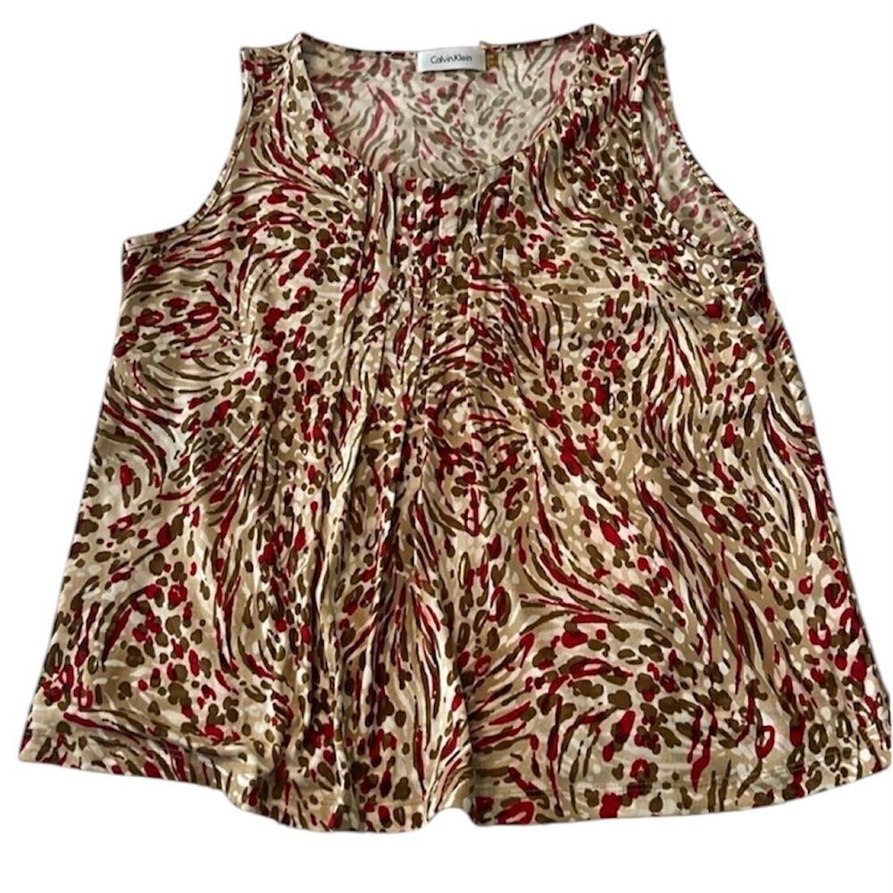 Calvin Klein size M multi colored red/tan/white/brown pleated front tank top EUC